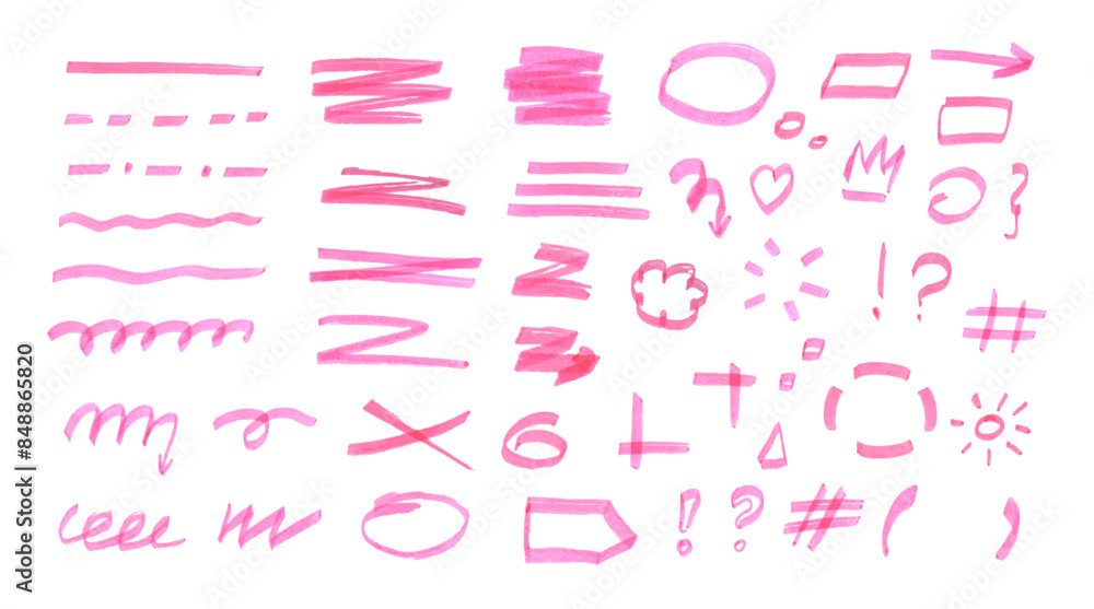 Poster set of hand drawn doodles using a pink marker or highlighter. elements for notes, highlighting and u