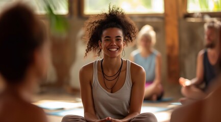 Young happy female yoga coach training group class yoga meditation session sitting in studio talking to community teaching people during retreat mind body health therapy