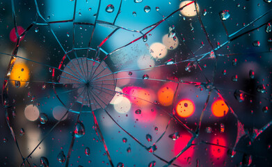 Shattered glass window with raindrops and blurred city lights in the background.