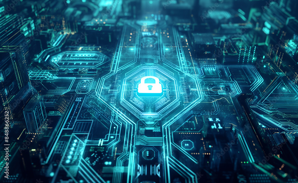 Poster glowing padlock icon on a circuit board representing digital security.