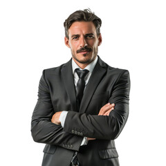 Serious businessman in grey suit isolated on transparent background, ideal for corporate presentations, business articles, and professional profiles