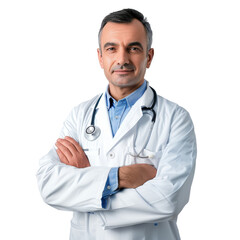 Fototapeta premium Confident doctor in white coat isolated on transparent background, perfect for medical articles, healthcare promotions, and professional profiles