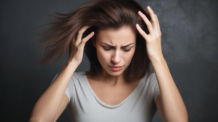 woman very sad and upset looking at damaged hair, hair loss, hair thinning problem, vitamin deficiency, baldness, postpartum, biotin, zinc, menstrual or endocrine disorders, hormonal imbalance