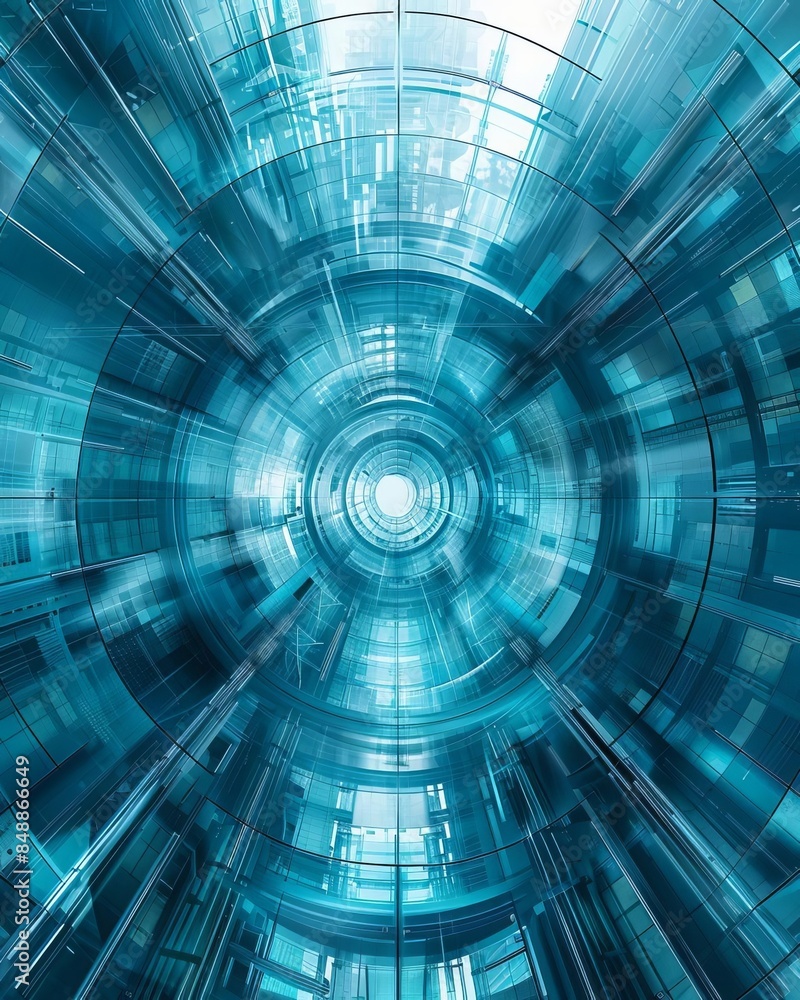 Poster futuristic blue circular abstract background with geometric patterns and light effects, ideal for te
