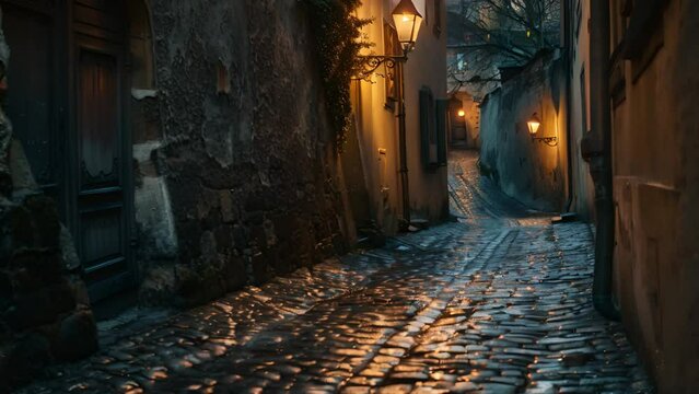 At night, the cobblestone streets glow softly with the illumination