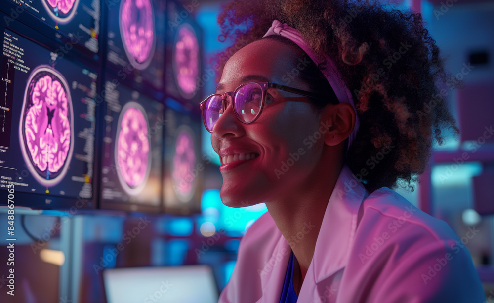 Aufkleber smiling female scientist in a lab coat with brain scans displayed on monitors behind her.