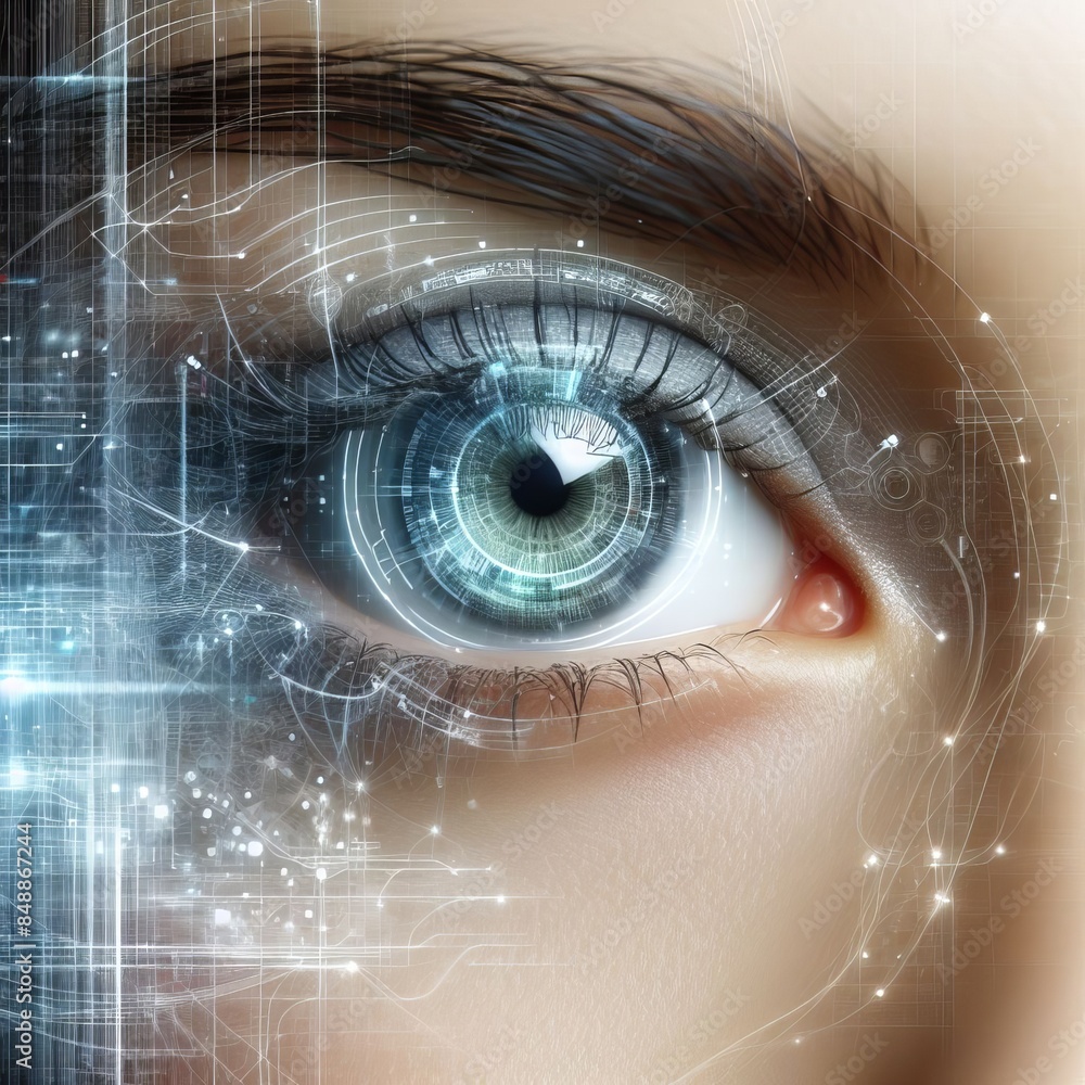 Poster a close-up of a human eye integrated with a digital interface, symbolizing the fusion of human and t
