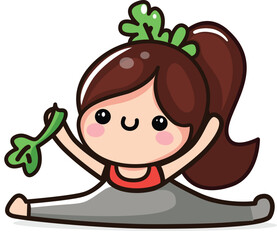 A cute girl in a leg split with lettuce in her hand. 