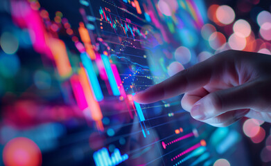 Hand interacting with a futuristic digital screen displaying stock market data and graphs.