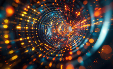 Futuristic digital tunnel with glowing neon lights and dynamic data streams.