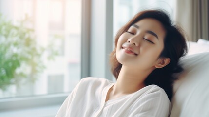 Simple lifestyle, Asian woman wakes up from good sleep on weekend morning, takes some rest, relax in comfortable bedroom at hotel window, happy lazy day, comfortable, dreaming