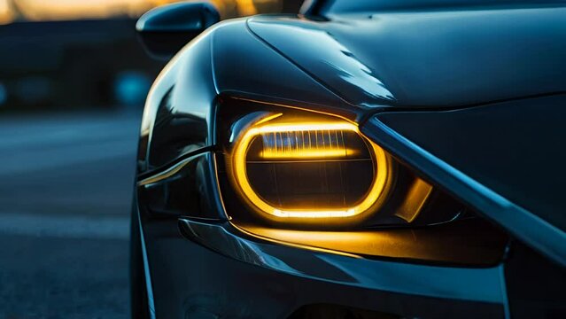 Close up front headlight with yellow xenon light on black sport car at evening scene.