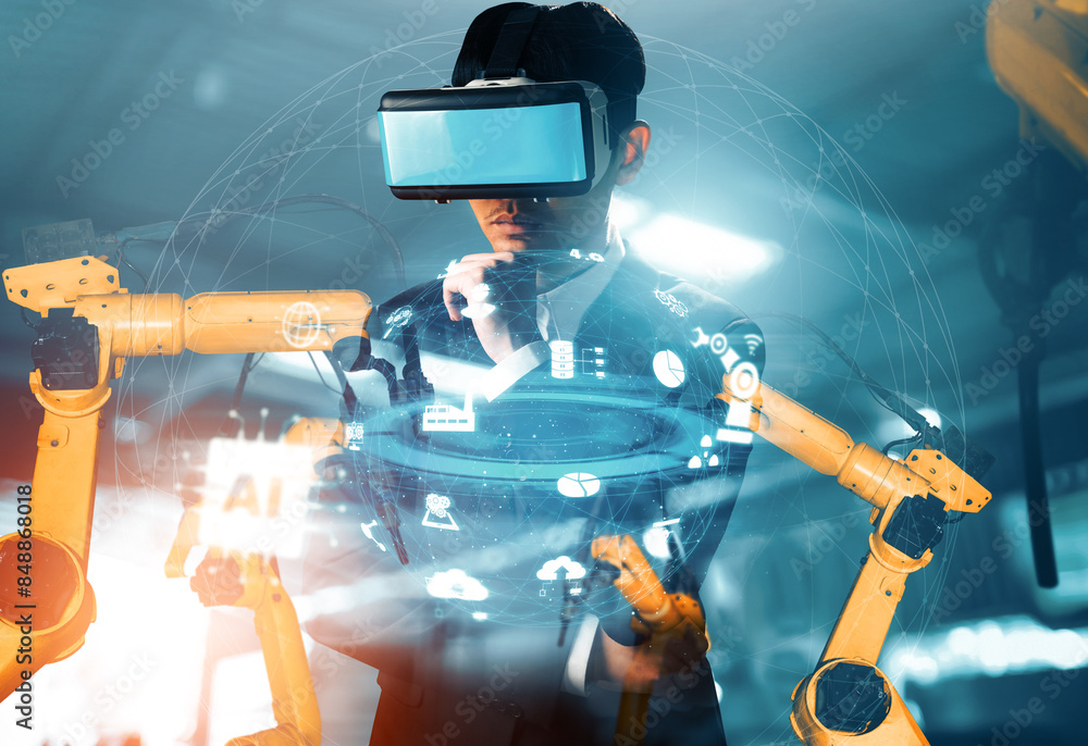 Poster mlp future vr technology for mechanized industry robot arm control. concept of robotics technology f