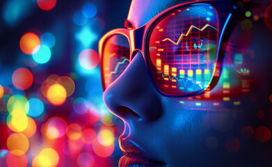 Close-up of a woman's face with stock market data reflected in her glasses.