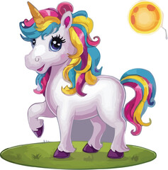 Delightful Unicorn with Rainbow Mane and Tail - Vector Art