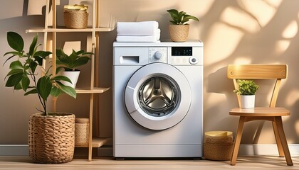 Waschmaschine steht in einem Waschraum - sauber und aufgeräumt