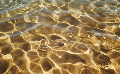 Close-up of sunlight reflecting on clear water with sand ripples.