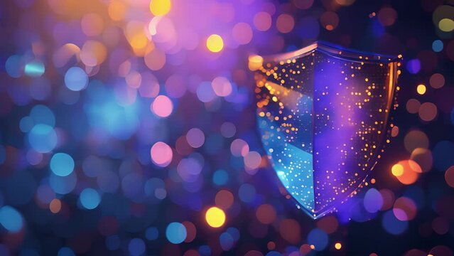 A shield with a blockchain symbol emblazoned on it representing how this technology can act as a barrier against intellectual property theft and fraud in todays digital age.