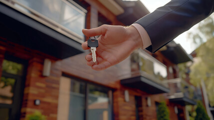 Single Hand Holding Keys Against A Contemporary Apartment Background