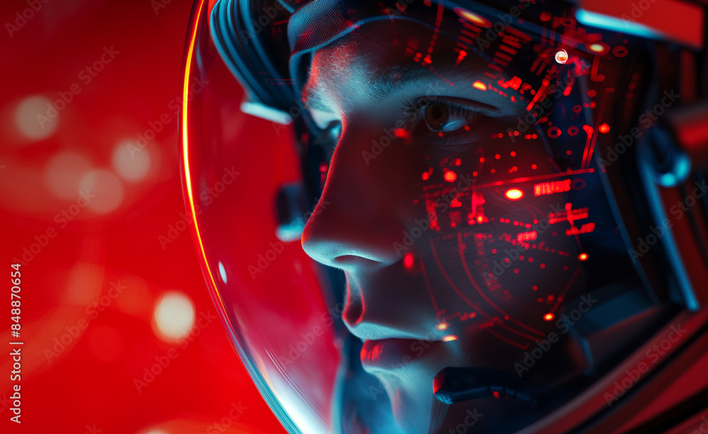 Poster astronaut in a helmet with digital displays reflecting on the visor.