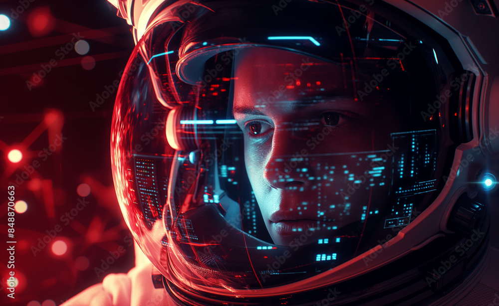 Poster astronaut in a helmet with digital displays reflecting on the visor.