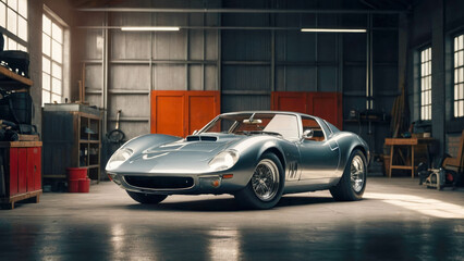 Vintage american car in the garage. Selective focus