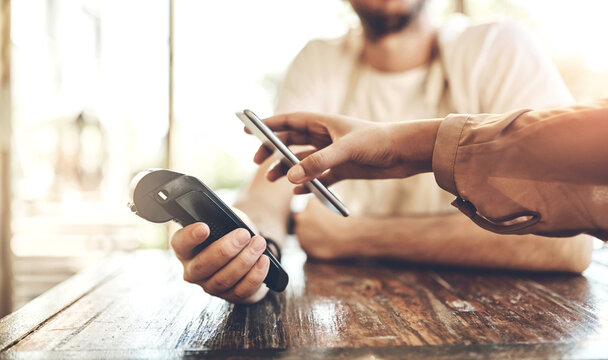 Hands, pos and phone at a cafe for payment, ecommerce or coffee shop waiter tip for customer service. Smartphone, scanner and person at a restaurant with app for paperless, bill or digital currency