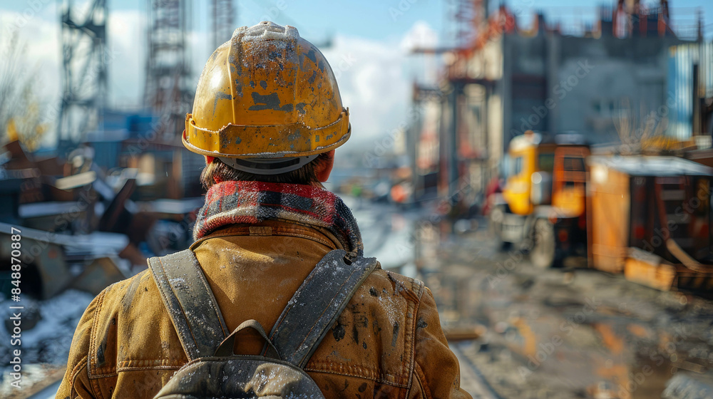 Poster engineer builder with helmet and blueprints at construction site background