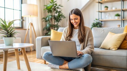 Fototapeta premium A cheerful young woman in a casual outfit, participating in a video call on her laptop in a cozy living room setting. 