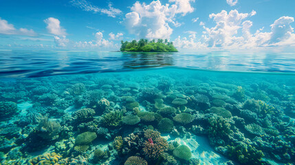 Tropical island with palm trees and coral reef atoll in the ocean