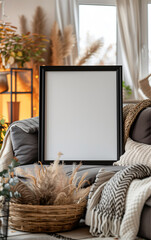 Cozy interior frame mockup with wooden frame, blanket, warm lighting, and stylish indoor furniture for home decor and interior design display template