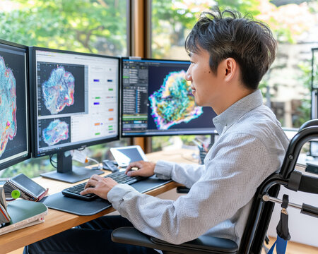 Focused Asian Man in Wheelchair Analyzing Data on Multiple Monitors in a Bright Office