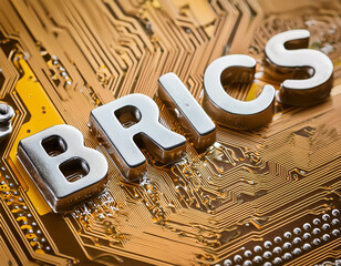 Brics, silver relief metal letters on a gold motherboard. Concept of progress, business, finance and daily news.