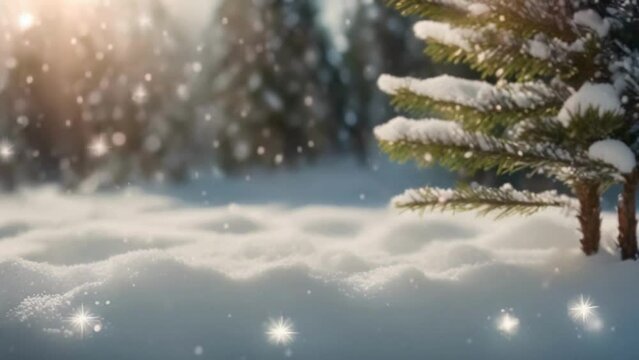 Close up Christmas decorative snowflakes Falling down seamless looping time-lapse with pine tree, virtual 4K video animation background.