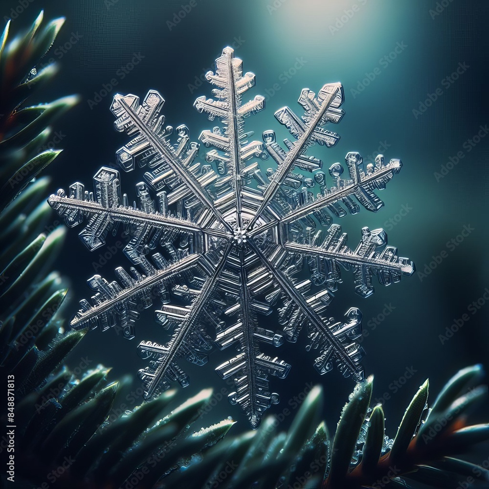 Poster a detailed close-up of a single, intricately designed snowflake resting on a pine needle. the image 
