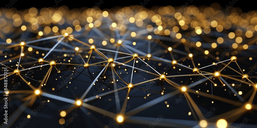 Poster the golden bright sphere shape object that has been connected with the link of the bright line that 
