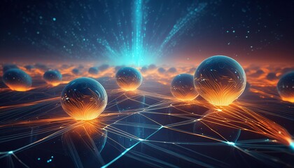 Futuristic theme, digital landscape, interconnected glowing spheres, network of light lines, ethereal and high-tech atmosphere, vibrant color scheme with blue and orange hues.