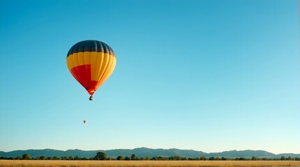 Obraz premium A vibrant hot air balloon floating against a clear blue sky, with its colors vividly contrasting the background. 1