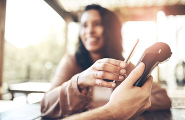 Woman, smartphone and pos terminal in restaurant for paying by customer for waitress service....