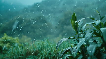 heavy rain fall on green leaves, mountain background rainny seaso