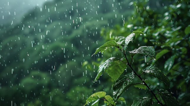 heavy rain fall on green leaves, mountain background rainny seaso