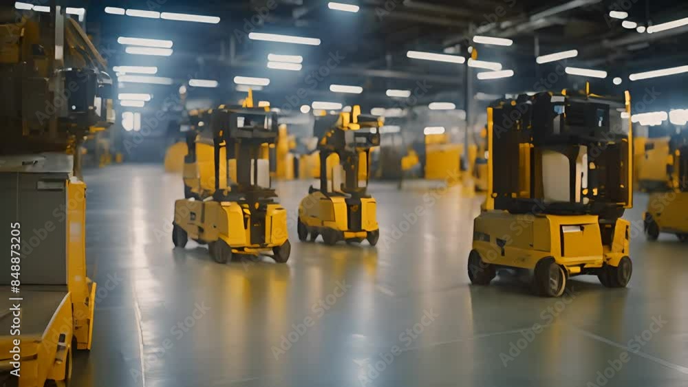 Poster autonomous forklifts operating in a warehouse generative ai