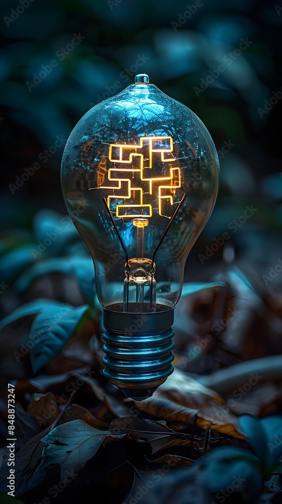 Poster glowing lightbulb with intricate maze symbolizing the complexity of ideas and creativity