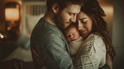 Fototapeta premium A happy family of three, father holding his sleeping newborn baby and mom warm colors, closeup