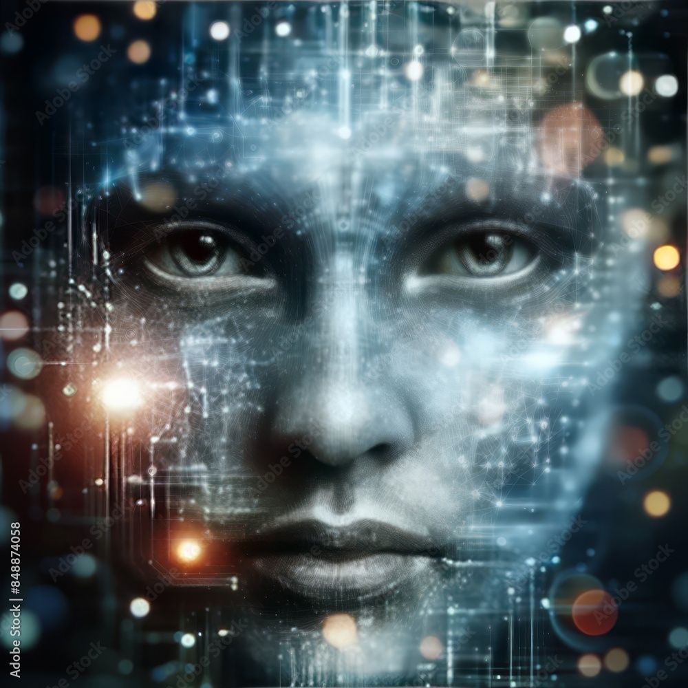 Poster a close-up digital face adorned with futuristic technology and glowing circuit elements. suitable fo