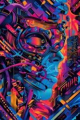 Vibrant Cyberpunk Inspired Graffiti Mural with Mechanical Details and Neon Accents