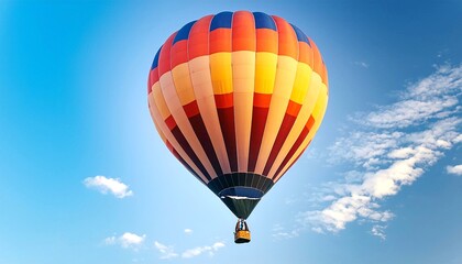 Fototapeta premium A vibrant hot air balloon floating against a clear blue sky, with its colors vividly contrasting the background. 4