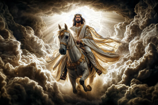 Jesus Christ riding a white horse on the clouds of Heaven	