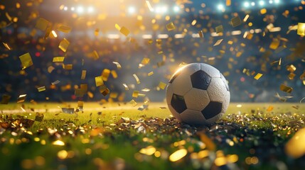 Fototapeta premium A soccer ball with a confetti on the soccer field. Football concept