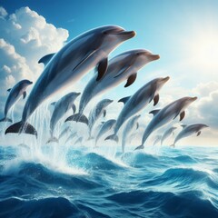 Obraz premium A group of dolphins gracefully leap out of the ocean against a backdrop of a vibrant sunrise, highlighting their sleek forms and the dynamic movement of the waves. This image captures the essence of